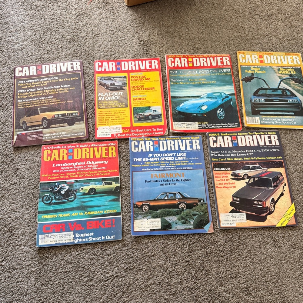 Vintage 1977 Car and Driver Magazine Lot 7 Issues DeLorean Porsche 928 BMW